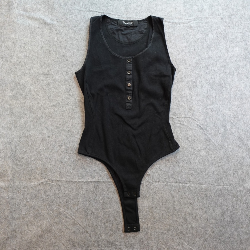 Thakoon Bodysuit Women Extra Small Black Ribbed Henley Sleeveless Cotton Stretch